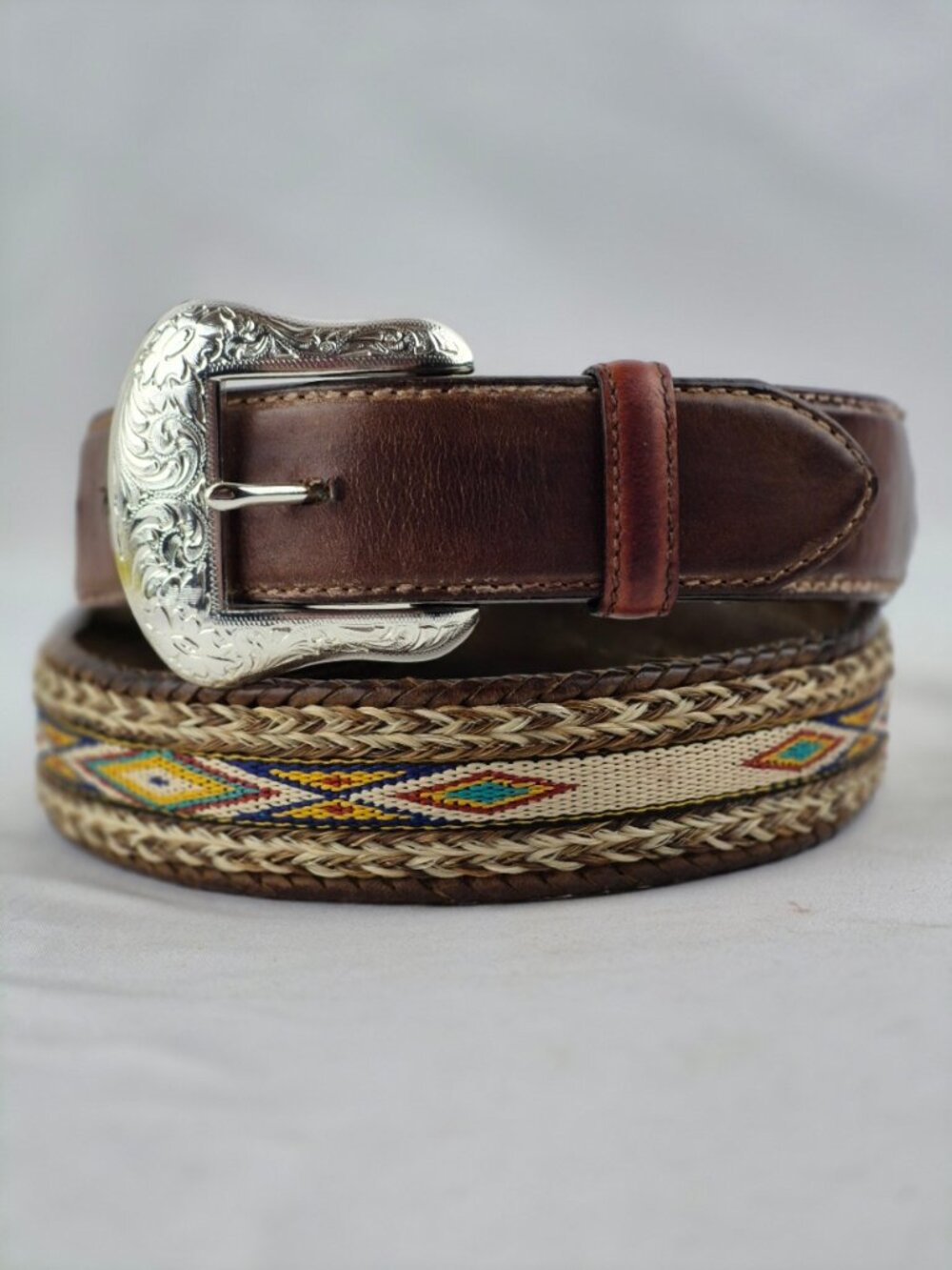 Tony Lama Aged Bark Leather Badlands Belt Horse Hair Nylon Inlay Western 38